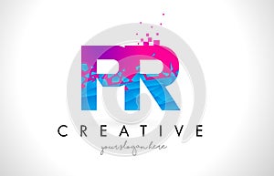 PR P R Letter Logo with Shattered Broken Blue Pink Texture Design Vector.
