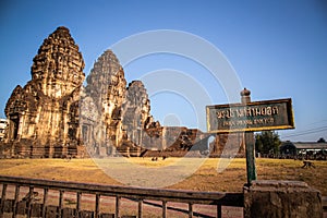 Pra Prang Sam Yod or Phra Prang Sam Yot ruin temple with monkeys, in Lopburi, Thailand