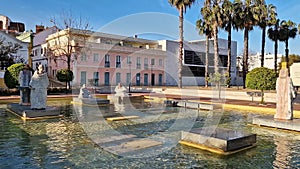 Praca Al Mutamid Square with fountains and modern sculptures at Silves, Portugal