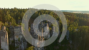 The Prachov Rocks aerial sunset view, Bohemian Paradise UNESCO geopark, Czechia