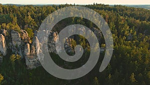 The Prachov Rocks aerial sunset view, Bohemian Paradise UNESCO geopark, Czechia