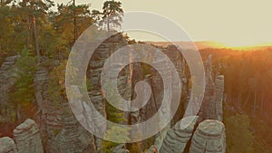 The Prachov Rocks aerial sunset view, Bohemian Paradise UNESCO geopark, Czechia