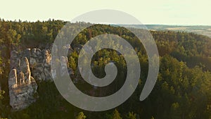 The Prachov Rocks aerial sunset view, Bohemian Paradise UNESCO geopark, Czechia