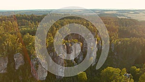 The Prachov Rocks aerial sunset view, Bohemian Paradise UNESCO geopark, Czechia