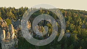 The Prachov Rocks aerial sunset view, Bohemian Paradise UNESCO geopark, Czechia