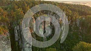 The Prachov Rocks aerial sunset view, Bohemian Paradise UNESCO geopark, Czechia