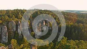 The Prachov Rocks aerial sunset view, Bohemian Paradise UNESCO geopark, Czechia