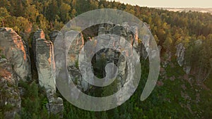 The Prachov Rocks aerial sunset view, Bohemian Paradise UNESCO geopark, Czechia