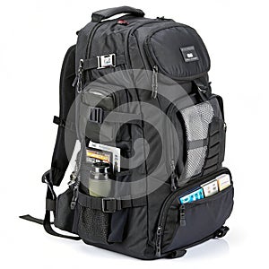 Backpack with numerous pockets isolated on white background