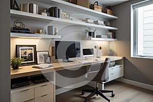 Practical Home Office: Built-in Desk, Ergonomic Chair, and Organized Storage Solutions