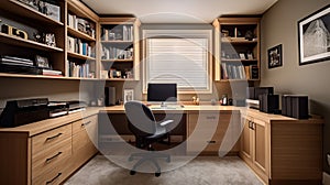 Practical Home Office: Built-in Desk, Ergonomic Chair, and Organized Storage Solutions