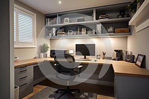 Practical Home Office: Built-in Desk, Ergonomic Chair, and Organized Storage Solutions
