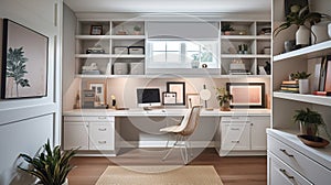 Practical Home Office: Built-in Desk, Ergonomic Chair, and Organized Storage Solutions