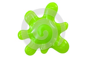 Practical joke splash, funny toy and slime splatter concept with a neon green blob of mucus or goo isolated on white background