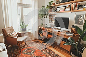 A practical, no-frills living room showcasing essential furniture like a couch, chair, desk, and computer, A compact and organized