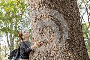 Woman hugging a big tree in the outdoor forest, Ecology and nature.