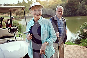 Practice makes perfect. Portrait of a smiling senior couple enjoying a day on the golf course.
