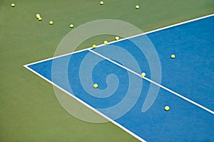 When practice is over.... Tennis balls lying on an empty court.