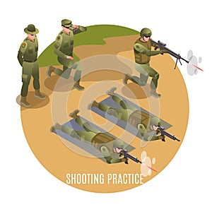 Practice shooting of special troops. Sergeants are watching. Illustration isometric icons on isolated background