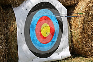 Colorful target template for sport shooting competition. Used target with color circles on shooting range against hay bales