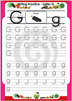 Practice writing letters G for preschool or kindergarten children to improve basic writing skills, very easy by tracing.