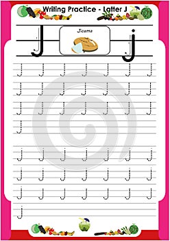 Practice writing letters J for preschool or kindergarten children to improve basic writing skills, very easy by tracing.