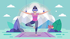When practicing aerial yoga in virtual reality every movement feels effortless and weightless.. Vector illustration. photo