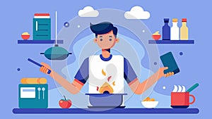 Practicing selfcontrol by not giving in to distractions while cooking.. Vector illustration. photo