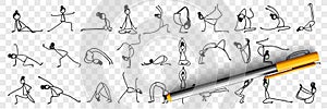 Practicing yoga and pilates doodle set