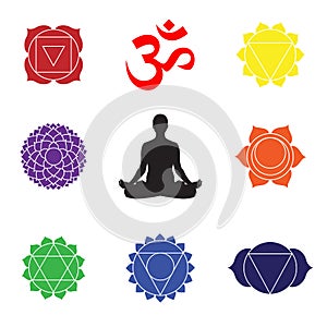 Practicing yoga. Yoga lotus pose, women wellness concept. Chakra symbols