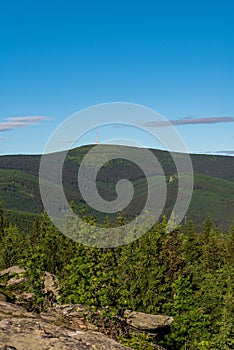 Praded and Sokol hills from Zarovy vrch hill in Jeseniky mountains in Czech republic