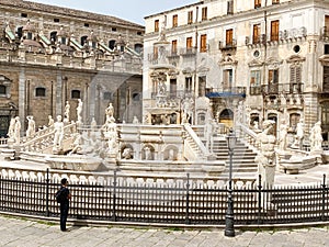 Praetorian Fountain and Palace and San Giuseppe dei Teatini church on so called Square of Shame in Palermo city, Sicily Island,