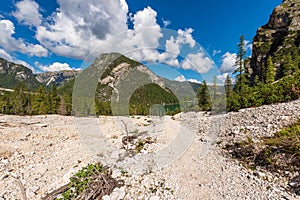 Pragser Wildsee or Lago di Braies from Mountain Range of Croda del Becco