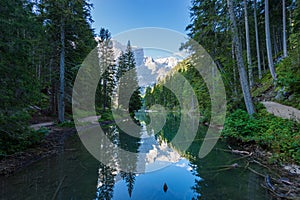 Pragser Wildsee or Lake Braies and Mountain Peak of Croda del Becco - Trentino Italy