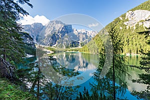 Pragser Wildsee or Lake Braies and Mountain Peak of Croda del Becco - Trentino Italy