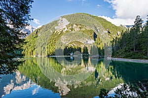 Pragser Wildsee or Lake Braies and Mountain Peak of Croda del Becco - Trentino Italy