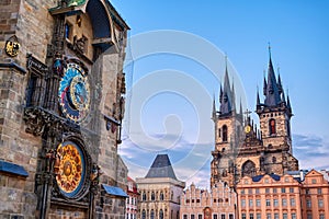 Prague Astronomical Clock located at the Old Town Hall and the Church of Our Lady before Tyn in Prague, Czech Republic