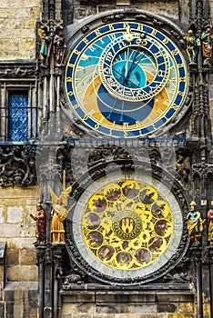 The Prague Astronomical Clock mounted on the southern wall of Old Town Hall in the Old Town Square