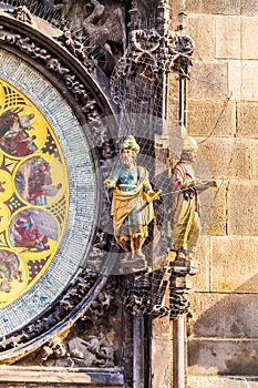 Prague astronomical clock in Old Town Square. Details of the facade closeup