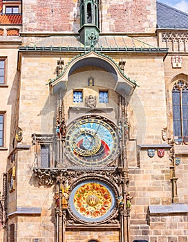 Prague astronomical clock Orloj on City Hall tower, Czech Republic