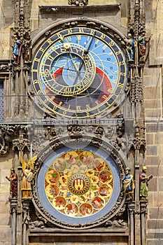 Prague astronomical clock Orloj on City Hall tower in Czech Republic