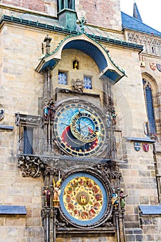 Prague Astronomical Clock Orloj with small figures located at the medieval Old Town