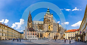 Prague, bell gothic towers and St. Vitus Cathedral. St. Vitus is a Roman Catholic cathedral in Prague, Czech Republic. Panoramic