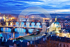 Prague bridges and Moldau river from Letna orchards, Lesser Town, Prague, Czech republic.