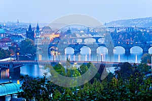 Prague bridges at night in the autumn