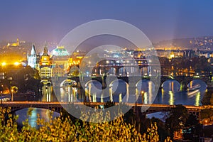 Prague bridges over Vltava River in the evening, Praha, Czech Republic