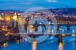 Prague bridges panorama during evening, Prague. Czech Republic