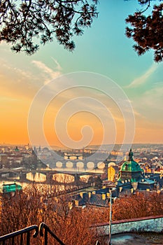 Prague bridges panorama during mist morning