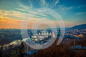 Prague bridges panorama during mist morning