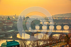 Prague bridges panorama during mist morning